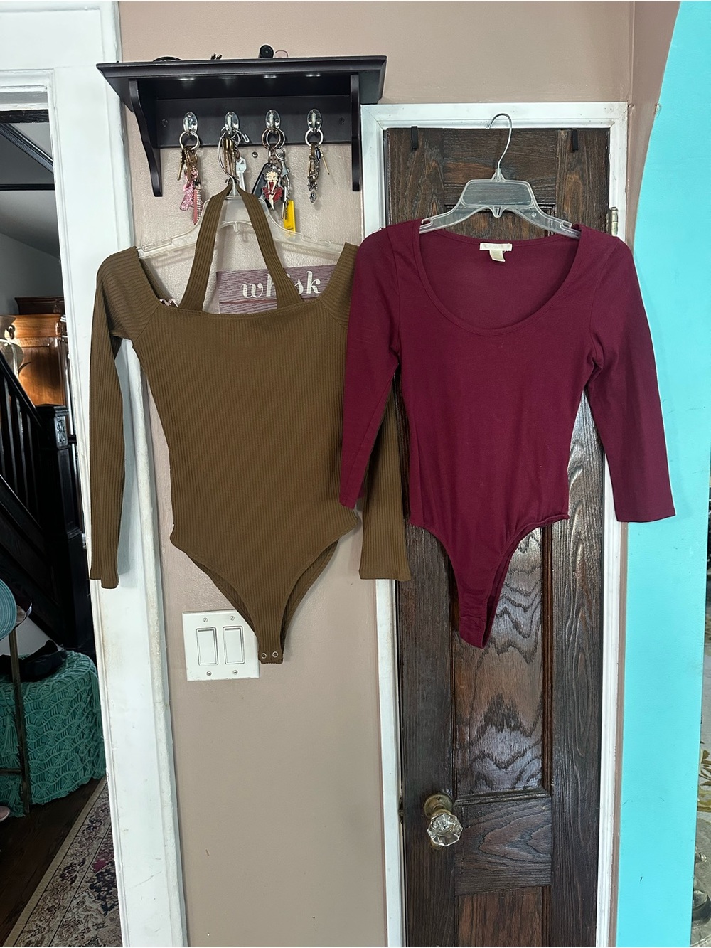 Forever 21 Olive Ribbed Long-Sleeve & Bozzol Burgundy Scoop-Neck Bodysuits